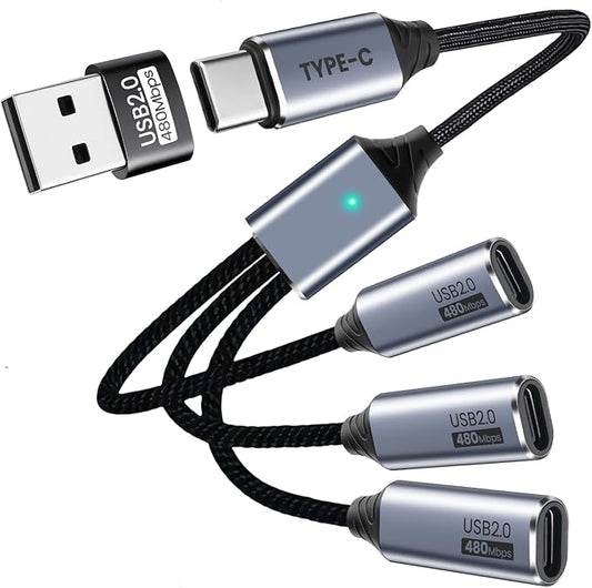 USB C Splitter 3 Port with USB Adapter for Data Transfer, USB-C Splitter for Charging, Male to Multi Type-C Female Cable Compatible with Smartphone, PC, Flash Drive, Keyboard, Printer