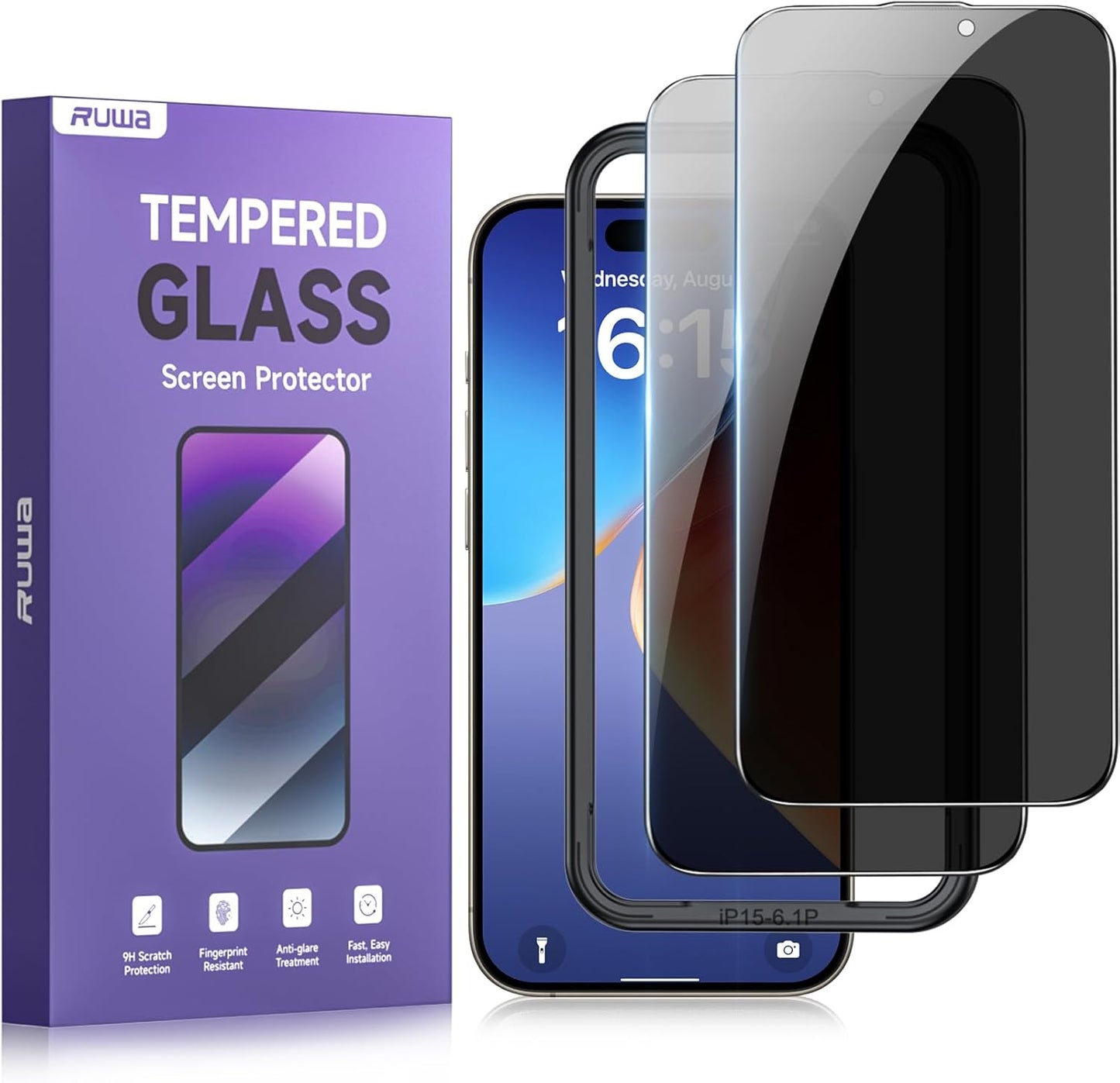 Privacy Screen Protector for iPhone 15 Pro [6.1 Inch][2-Pack], Tempered Glass with Easy Installation Frame - Full