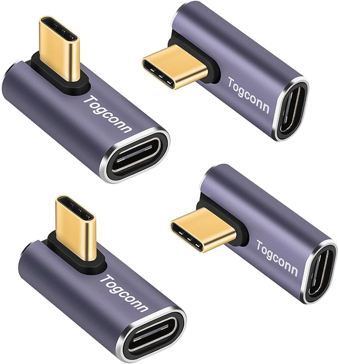 90 Degree Right Angle USB C Adapter (4 Pack), USB Type-C Male to Female Extender Connector, 40Gbps, 8K@60Hz Compatible with MacBook Pro/Air, iPhone 15/15 Pro Max, iPad Pro, Tablet, Phone, More