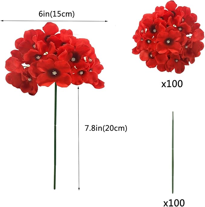 100PCS Artificial Hydrangea Flowers, Fake Flowers Silk Hydrangea Full Flowers Heads with Stems for Wedding Home Party Shop Baby Shower Decor (Dark Red)