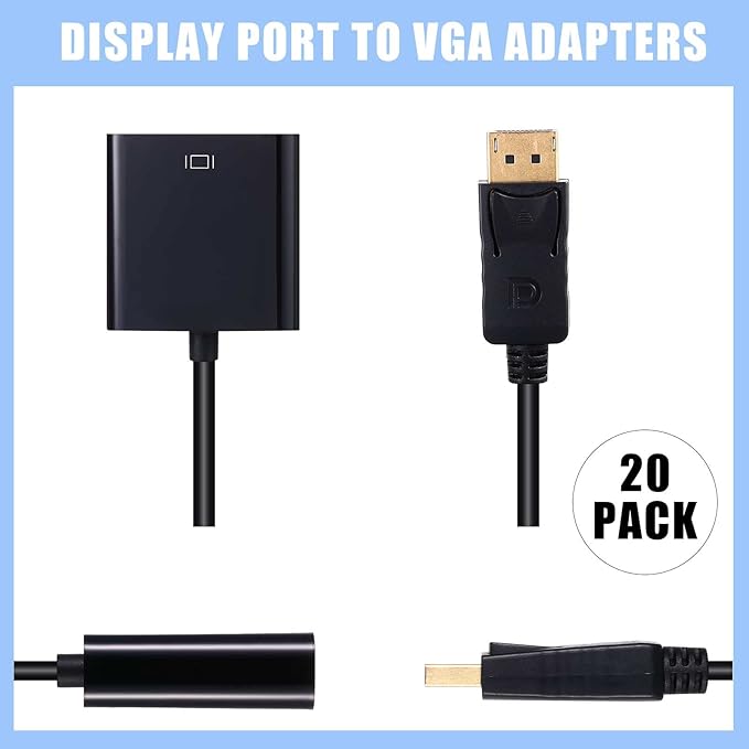 Yunsailing 20 Pack DisplayPort to VGA Adapters Gold Plated Compatible with Laptop Monitor PC Projector