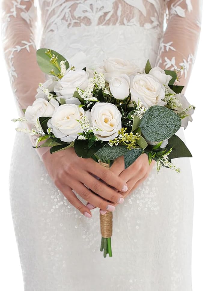 Artificial White Rose Wedding Bouquet - Faux Bride & Bridesmaid Bouquet for Wedding Decor