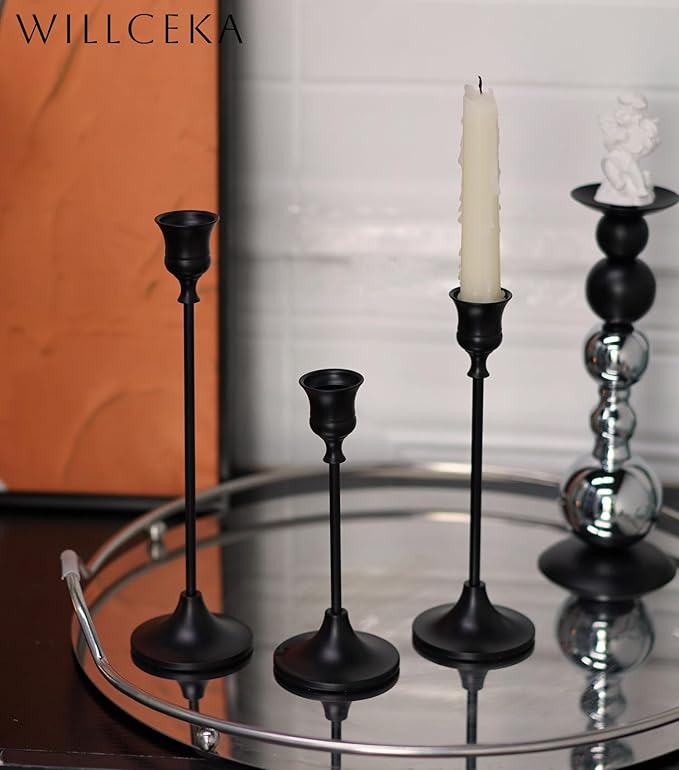 Black Candlestick Holders, Taper Candle Holders, Set of 3 Matte Black Candle Holder Set, Vintage Table Centerpiece for Wedding Christmas Holiday
