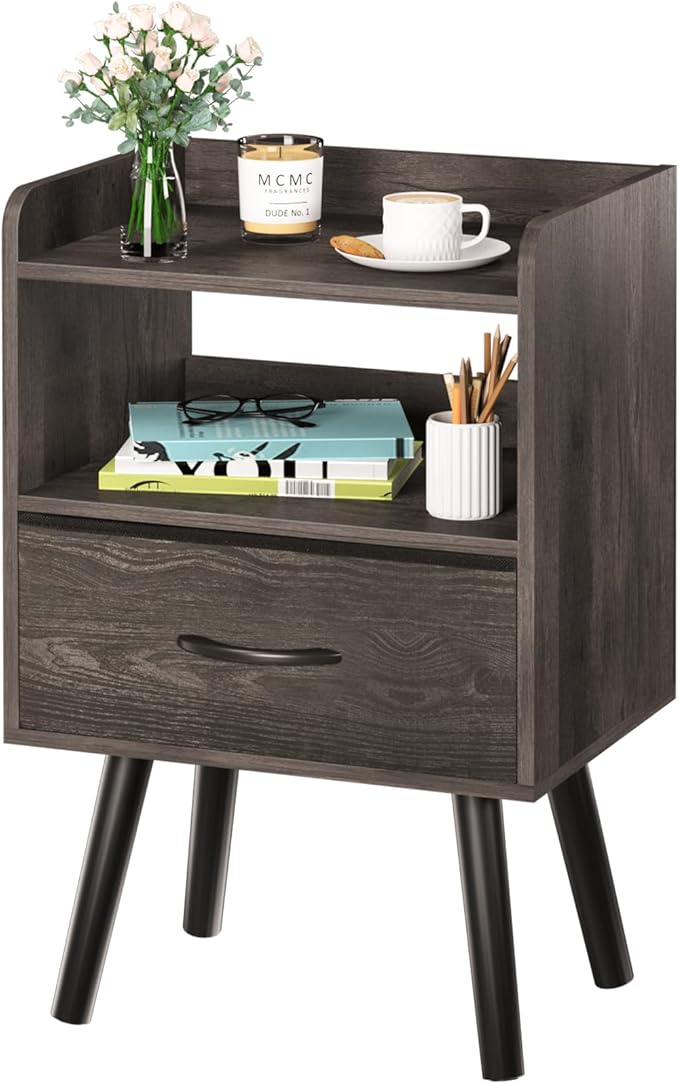 Yoobure Night Stand with Fabric Drawer, Modern Nightstand, Bedside Tables, Mid Century Nightstands with Open Storage Shelf, Wood Bedside Table, Small Night Stands for Bedrooms, 2-Tier Night Table