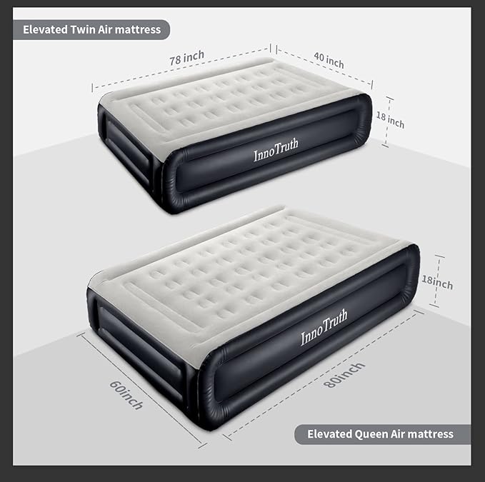 InnoTruth Raised Air Mattress with Built-in Pump,18in Elevated Inflatable Mattress with Carrying Bag for Home and Camping, Queen Size Blow Up Bed，Black
