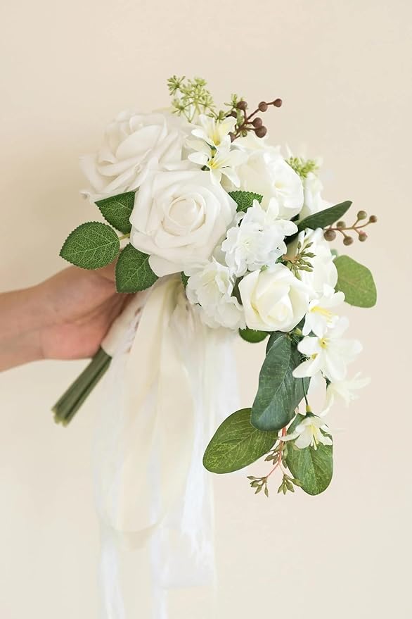 Ling's moment Artificial Flowers 50Pcs Ivory Roses Decor w/Stems,3" Real Touch DIY Foam Floral for Wedding Bouquet/Centerpieces, Outdoors Party Backdrop, Room/Table, and Garden/Pot Decorations