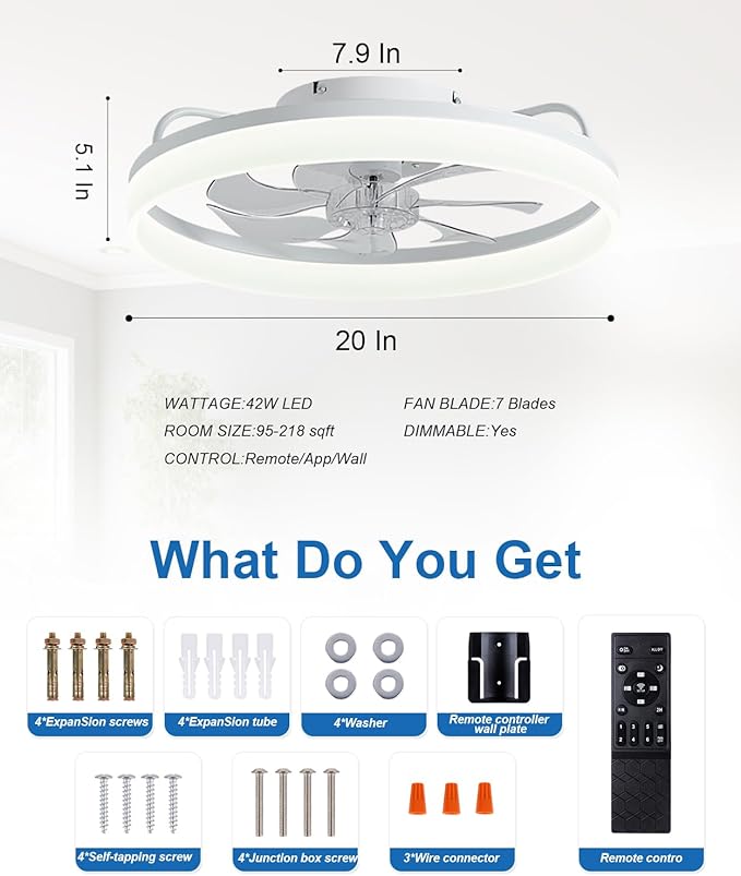 Ceiling Fans with Lights and Remote, 20" Modern Low Profile Ceiling Fan with Light, Stepless Color Temperature Change and 6 Speeds, Flush Mount Ceiling Fans for Bedroom, Kids Room.（White）