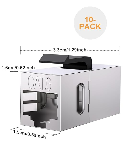 10 Pack Cat 6 Shielded Keystone Coupler, Cat6 Keystone Jacks Female to Female RJ45 Coupler, Ethernet Wall Plate Inline Keystone Coupler for Cat6, Cat5e, Cat5 Silver