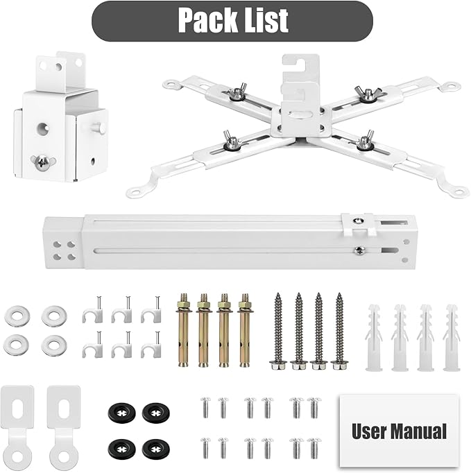 2-Be-Best Projector Ceiling Mount Wide Pipe Universal 3-in-1 Projector Wall Mount Bracket with Adjustable Arm, Flush Mount Option, Built-in Cable Management for Office Home White