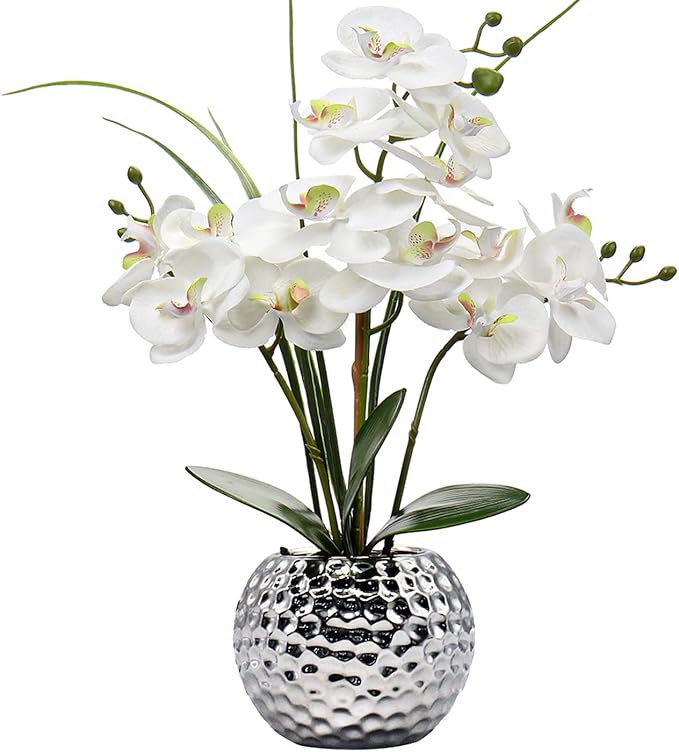 Orchids Artificial Flowers 20.8'' Faux Orchid Flower Arrangement Fake Orchid White Flower with Silver Ceramic Vase Phalaenopsis Orchid for Home Office Bathroom Table Centerpieces Decor, Briful
