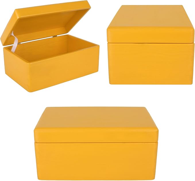Large Yellow Wooden Box Storage with Hinged Lid | 11.8 x 7.87 x 5.51 inches (+-0.5) | Gift Box for Tool Dog Toy Shoes Clothes Kitchen Storage | Wood Keepsake Chest