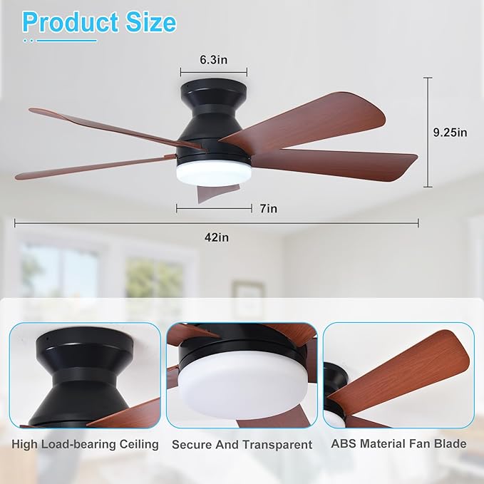 DINGLILIGHTING Ceiling Fans with Lights for Bedroom: 42 Inch Walnut Low Profile Ceiling Fan with Light and Remote Indoor Outdoor