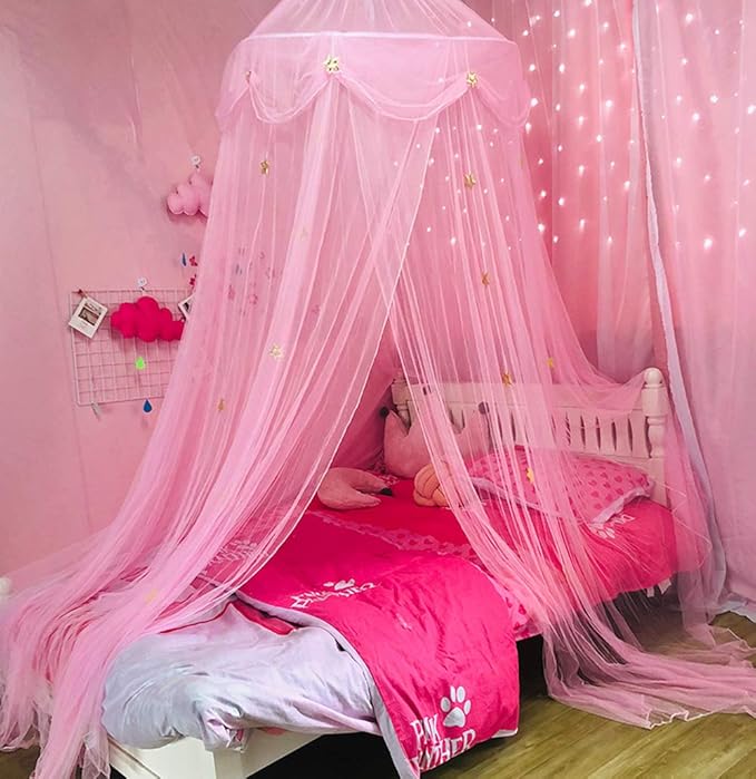 Bed Canopy for Girls with Star Lights,Princess Canopy Bed Curtains Mosquito Net with Gold Star for Girls Room Decor, Canopy for Bed Twin Single Full Queen Size Bed (Pink)