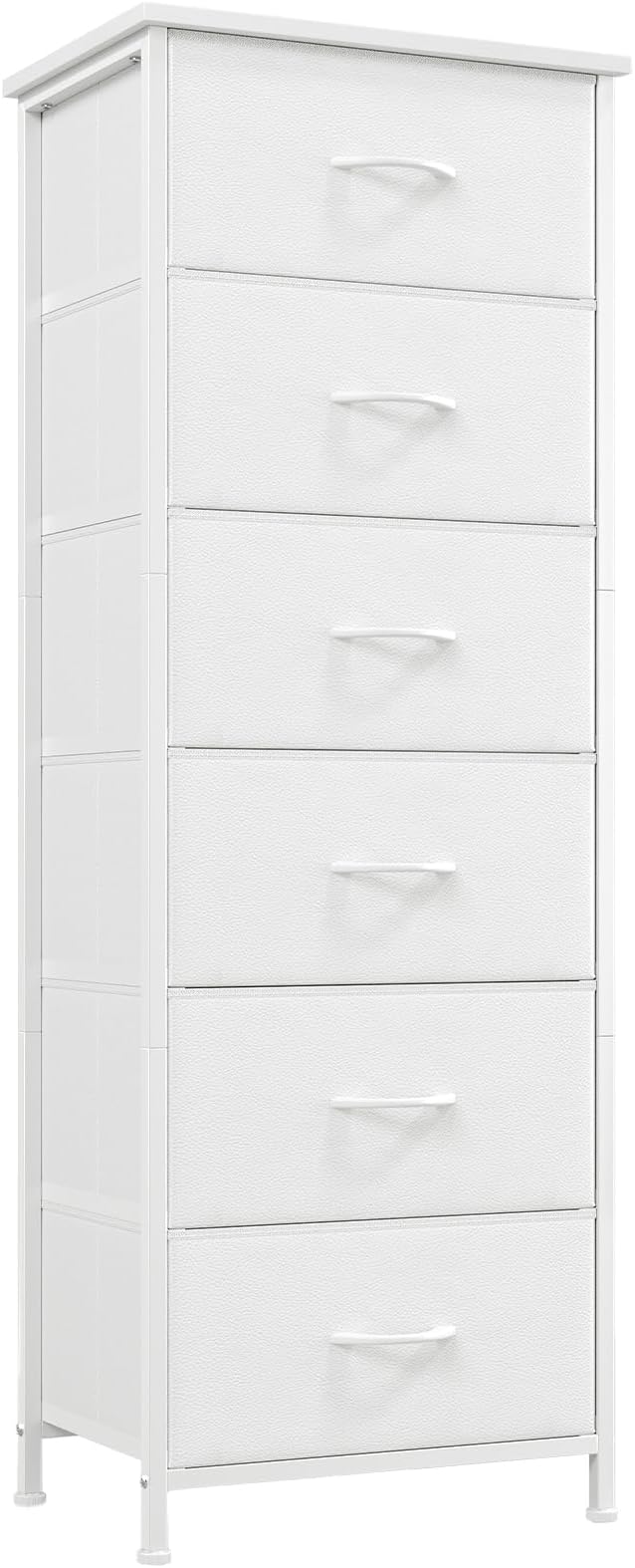 Somdot Tall Dresser for Bedroom with 6 Drawers, Storage Organizer Chest of Drawers with Removable Fabric Bins for Closet Bedside Living Room Laundry Entryway Hallway, White Leather