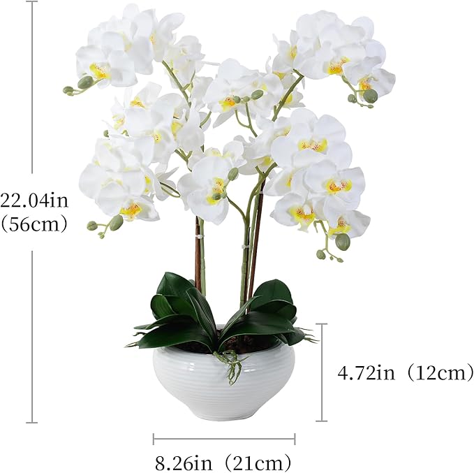 Ziwon Artificial Orchid Flowers Potted in Ceramic Pot, White Faux Phalaenopsis Orchids for Table Centerpiece, Realistic Fake Flower in vase for Home Office Decor Indoor