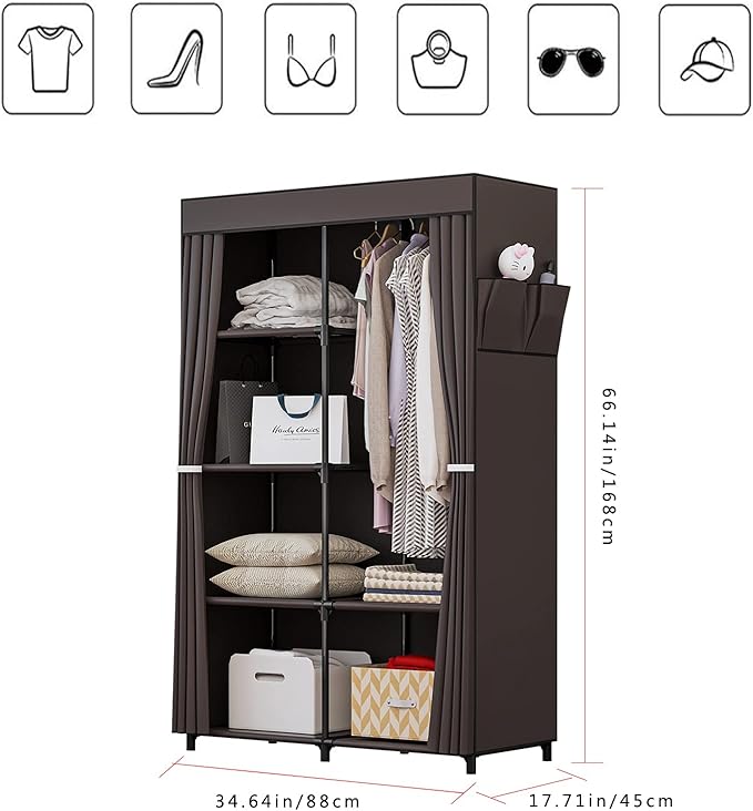 36 Inch Portable Wardrobe Closet Clothes Organizer with Metal Shelves and Dustproof Non-Woven Fabric (Coffee)