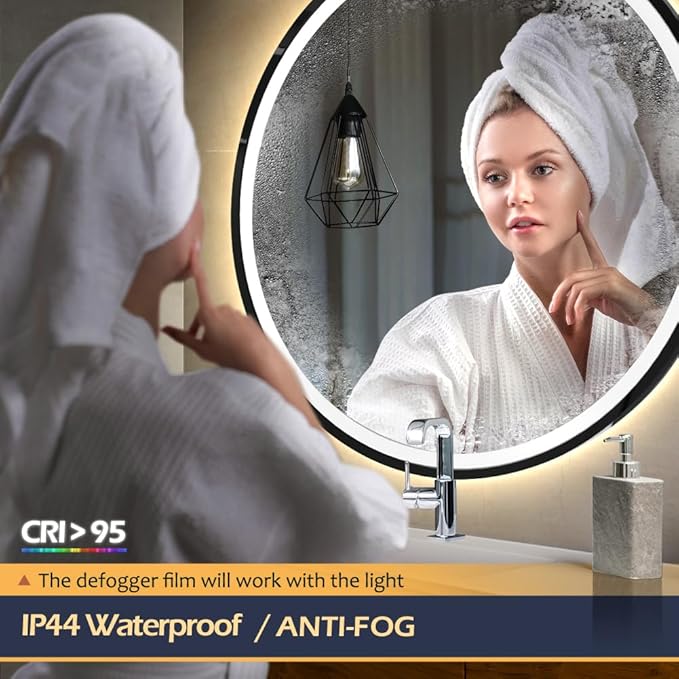 LED Sensor Mirror, Round Human Body Induction, Black Framed Vanity Mirror, Illuminated Dimmable Anti Fog IP44 Waterproof Wall Mounted Mirror (Human Sensor, 36"*36")