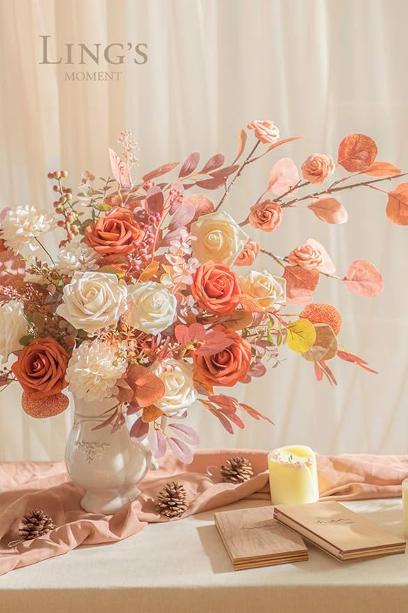 Ling's moment Fall Artificial Flowers 25Pcs Burnt Orange Roses Decor w/Stems,3" Real Touch DIY Foam Floral for Wedding Bouquet/Centerpieces, Outdoors Party Backdrop, Room/Table, and Garden/Pot Decor