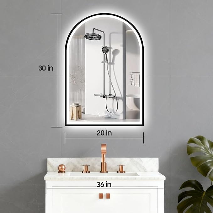 20x30 Inch Arch LED Bathroom Mirror with Bluetooth, Black Lighted Bathroom Mirrors Wall Mounted, Vanity Mirror with Anti-Fog, Memory Function, 3 Color Temperature, Dimmable Led Mirror for Bathroom