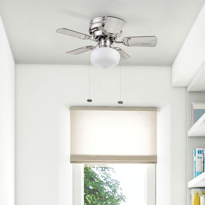 Prominence Home Hero, 28 Inch Traditional Flush Mount Indoor LED Ceiling Fan with Light, Pull Chain, Dual Finish Blades, Reversible Motor - 51656-01 (Brushed Nickel)