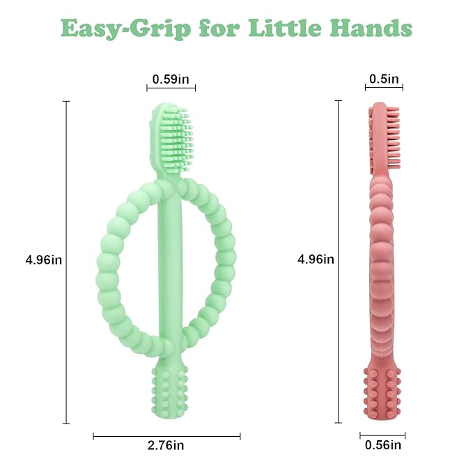 Baby Teething Toys with Easy-Hold Handle, Silicone Infant Toothbrush, Textured On Both Sides Helps Massage, Soothe Sore Gums, Teething Toys for Babies 0-6 Months, 6-12 Months Bright Green & Caramel