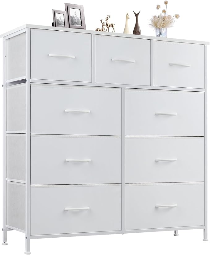 DUMOS Dresser for Bedroom, Storage Organizer with 9 Drawers, Chest of Drawers with Fabric Bins, Sturdy Metal Frame, Wood Tabletop for Guest Room, Closet, Entryway, Nursery