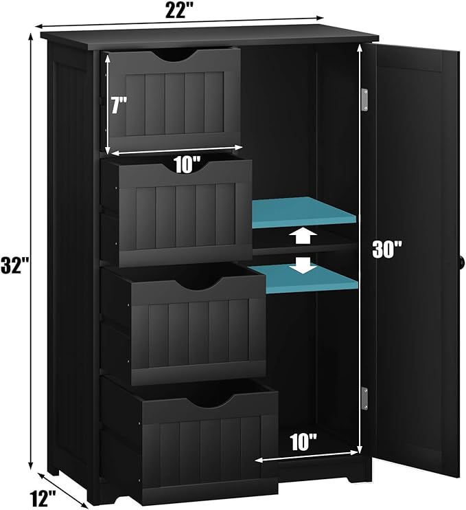 Giantex Bathroom Storage Cabinet with Drawers - 4 Drawer Storage Organizer w/Cupboard, Adjustable Shelf, Anti-Toppling Device, Entryway Storage Unit Console Table, Bathroom Floor Cabinet (Black)