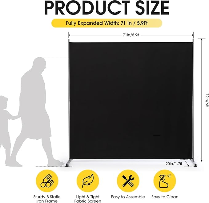 RANTILA Single Large Panel Room Divider, Privacy Screen for Office, Partition Separators, Freestanding Divider 71''W x 71''H, Black