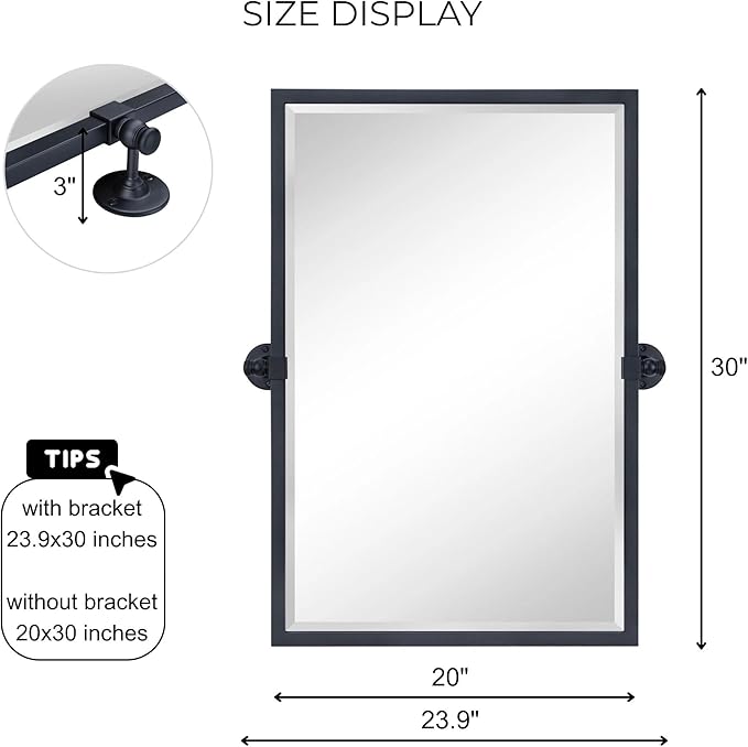 TEHOME 20x30'' Pivot Tilting Bathroom Vanty Mirror Rectangle Black Metal Framed Beveled Wall Mirror