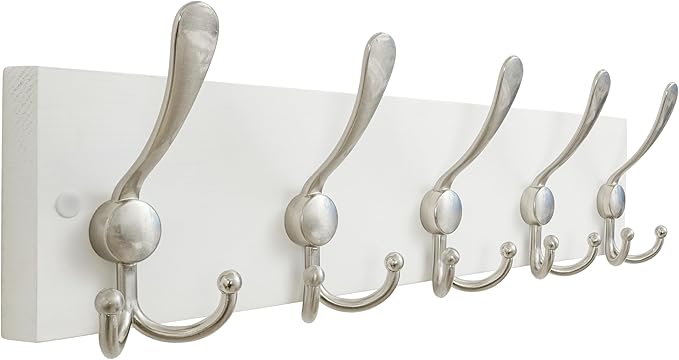 SKOLOO Creations White Solid Wood Wall Mounted Coat Rack, 5 Hooks, 17" Long - Kitchen, Mudroom, Entryway, Bathroom - Includes Mounting Hardware, Wall Coat Hanger, Towel Rack
