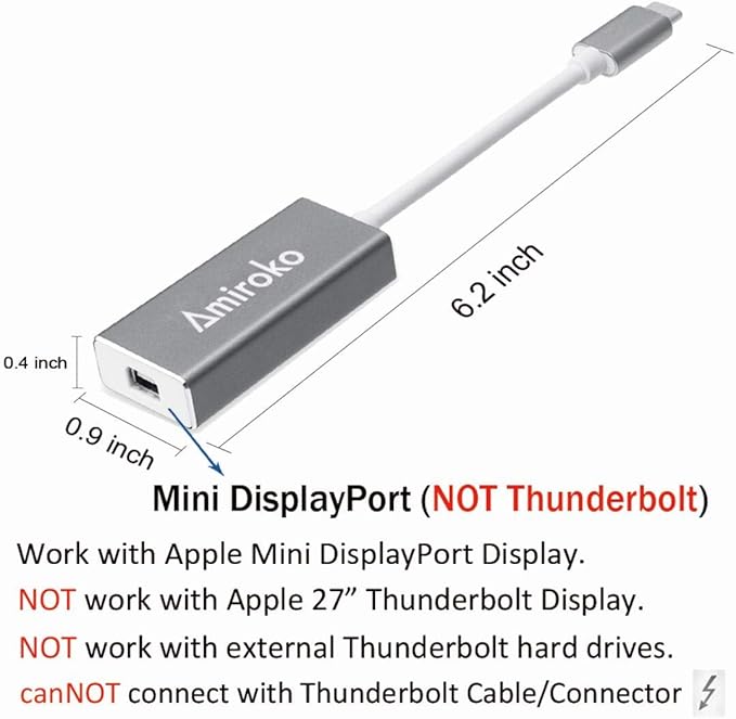 USB-C to Mini DisplayPort Adapter, USB 3.1 Type C to Mini DP Adapter Support 4K, 1080P for MacBook Pro, MacBook 12", Alienware, to LED Cinema Display/Dell Monitor etc, Gray