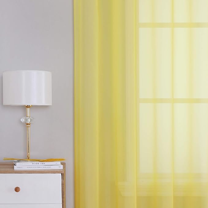 KEQIAOSUOCAI Vibrant Yellow Sheer Voile Window Treatment Grommet Top Curtain Panels for Bedroom and Living Room (54 x 63 inches Long, Set of 2)