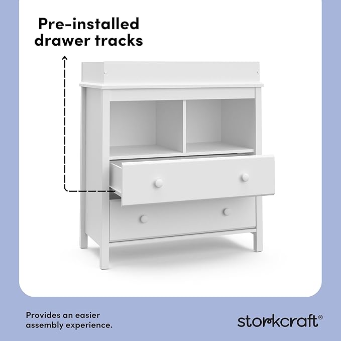 Storkcraft Alpine 2 Drawer Changing Table Chest (White) - Attached Changing Table Topper Fits Any Standard-Size Baby Changing Pad, 2 Drawers, 2 Shelves for Extra Nursery Storage, Easy to Assemble