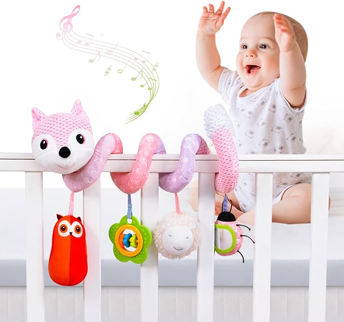 Jollybaby Baby Car Seat Stroller Toys, Plush Activity Hanging Spiral Activity Pram Crib with Music Box, Rattles, Squeaker for Babies Infant Boys Girls(Pink Fox)