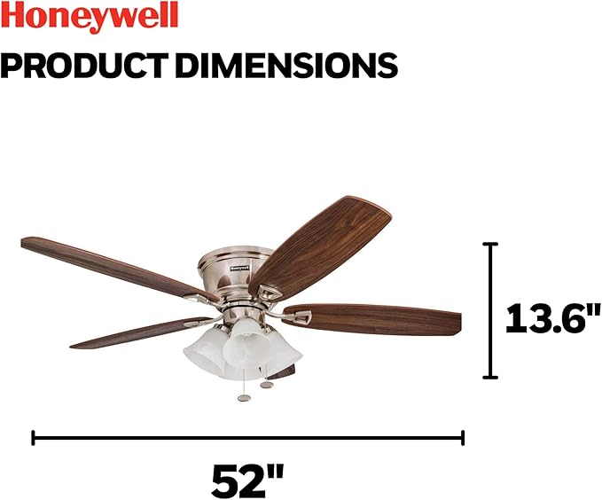 Honeywell Ceiling Fans Glen Alden, 52 Inch Classic Flush Mount Indoor LED Ceiling Fan with Light, Pull Chain, Quick-2-Hang Dual Finish Blades, Reversible Motor - 50182 (Brushed Nickel)