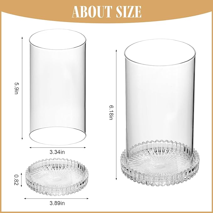 Hurricane Glass Candle Holders Set of 2, Serrated Round Candle Stand for Pillar Candles Modern CandleHolders Cylinder Chimney Cover for Outdoor Wedding Decor Parties & Table Centerpieces