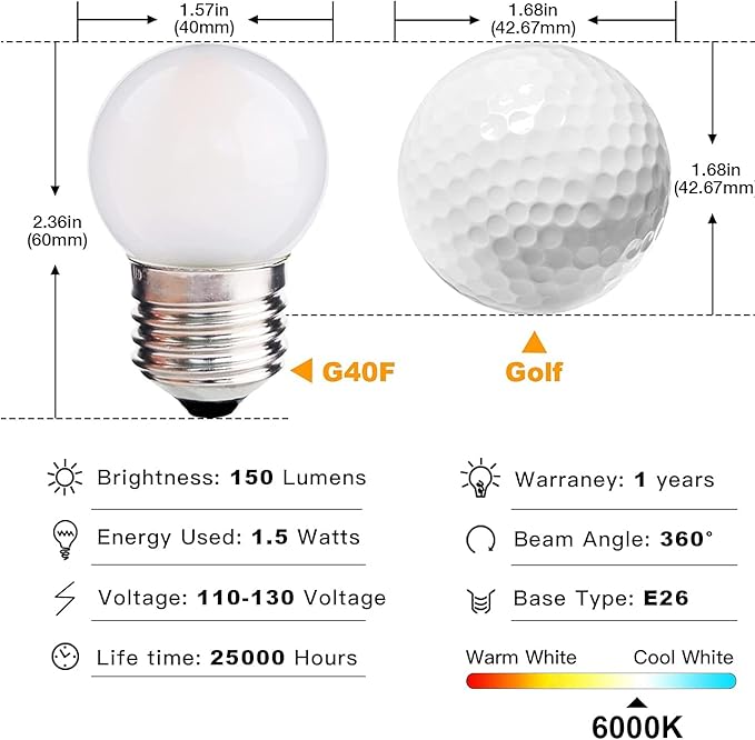 G40 1.5w Dim Led Bulb Equivalent 15 Watt Light Bulbs, Standard E26 Base Frosted Glass Soft Bright White 6000k for Home Decorative, Fridge Freezer Lamp, CRI 90+, 150lm, Pack of 2