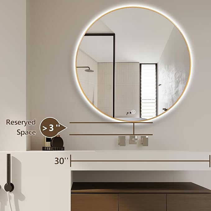 28" Round LED Bathroom Mirror, Wall Mounted Round Backlit Mirror LED Bathroom Vanity Mirror with Lights Fog Free Circle Lighted Mirror with Gold Frame