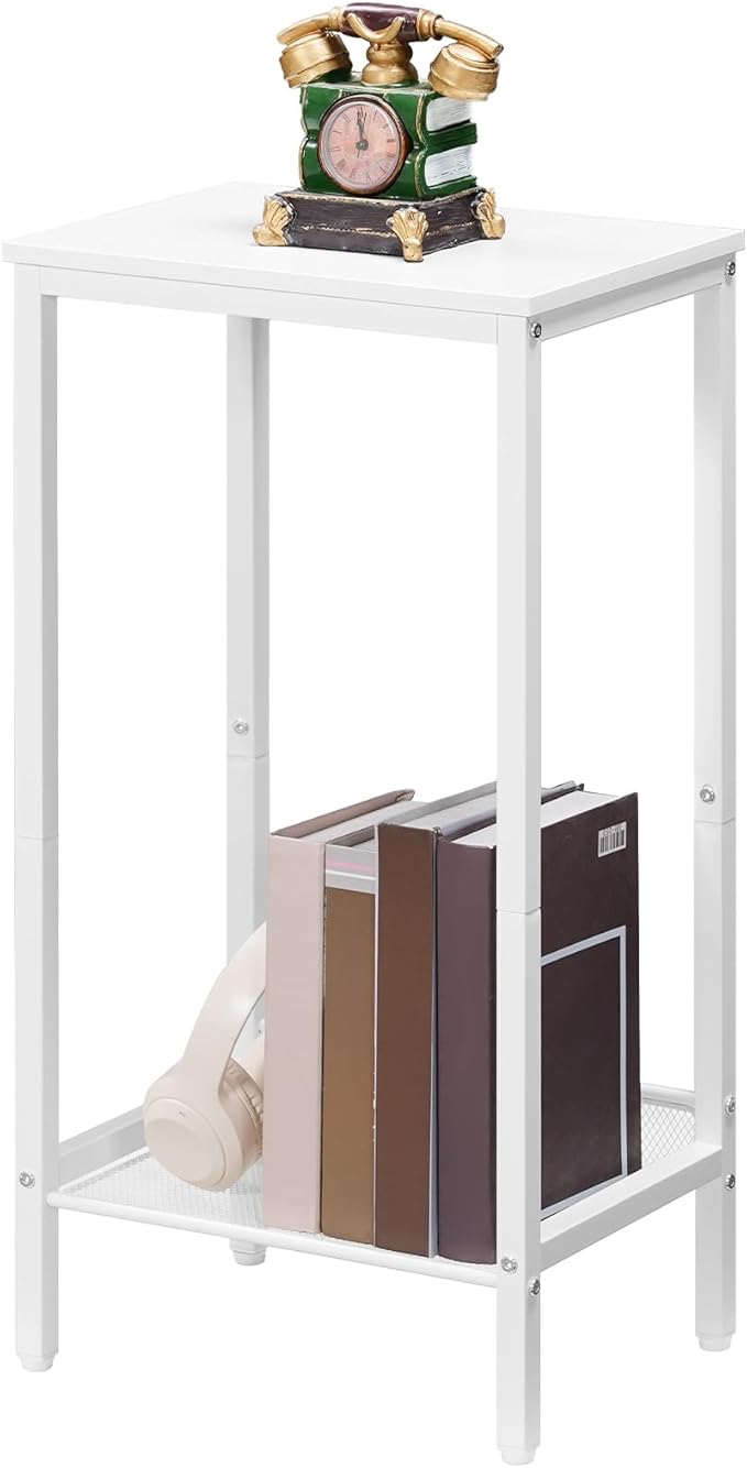HOOBRO Tall Side Table, Industrial End Telephone Table with Adjustable Mesh Shelves, for Living Room, Bedroom, Entryway, Office, White WW03DH01