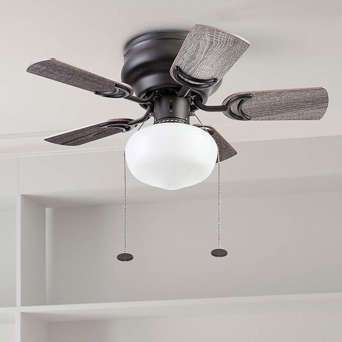 Prominence Home Hero, 28 Inch Traditional Flush Mount Indoor LED Ceiling Fan with Light, Pull Chain, Dual Finish Blades, Reversible Motor - 51655-01 (Bronze)