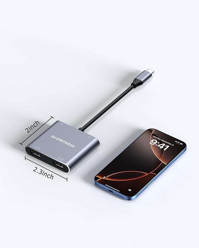 USB C to Dual HDMI Adapter, 4K@60Hz Dual Monitor HDMI Splitter for Extended Display, 100W PD, USB-A Port, Windows Enables 3-Screen Multi-Display, macOS Supports Mirror Mode Only