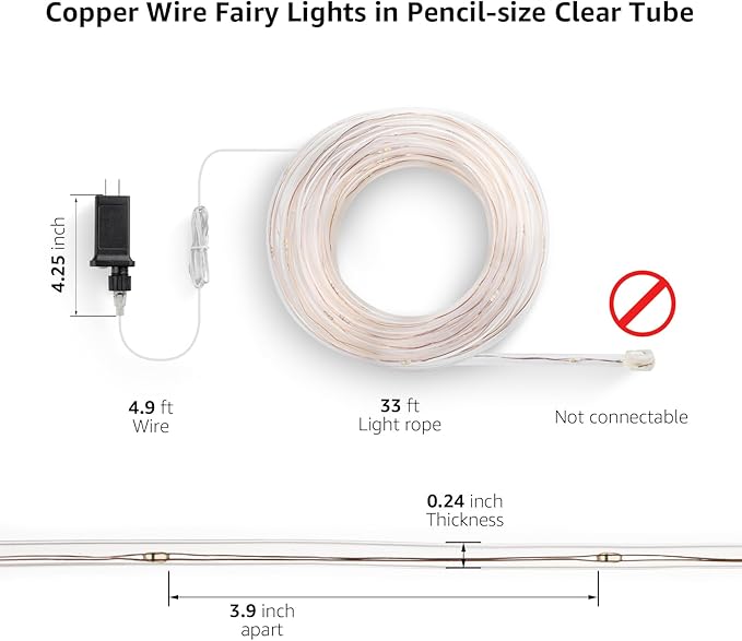 Lighting EVER Plug in Rope Lights with Small Tube, 1/4 in Pencil-Size, 100 LED Copper Wire String Lights in 33 ft Tube, Cool White 6000K, Thin Light Rope for Railing, Fence, Balcony, Not Connectable