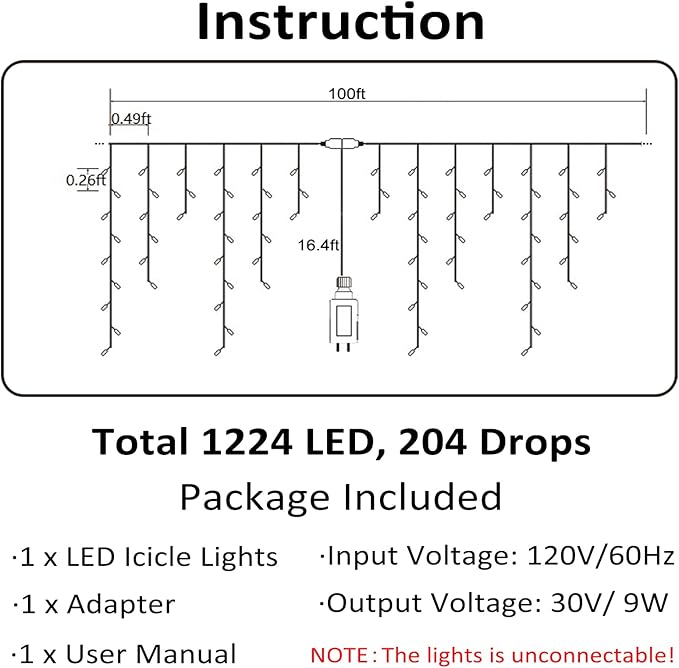 Toodour Christmas Icicle Lights Outdoor, 1224 LED 100ft 8 Modes Fairy Icicle String Light with 204 Drops, Led Christmas Lights Twinkle for Holiday, Party, Wedding, Eaves, Xmas Decorations (Multicolor)