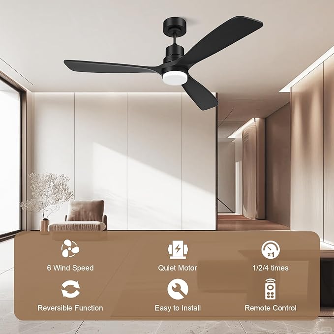 Obabala 52inch Ceiling Fan with Light and Remote Control Outdoor Ceiling Fan with 3 Blades Wood Reversible DC Motor for Patio, Porch, Bedroom, Living Room (Black)