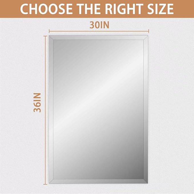 Frameless Mirror for Bathroom Vanity,30x36in Wall Mounted Mirrors for Over Sink Decorative Rectangular Frameless Mirror,With Polished Edge,Hangs Horizontally Or Vertically,Entryways,Room,Shatterproof