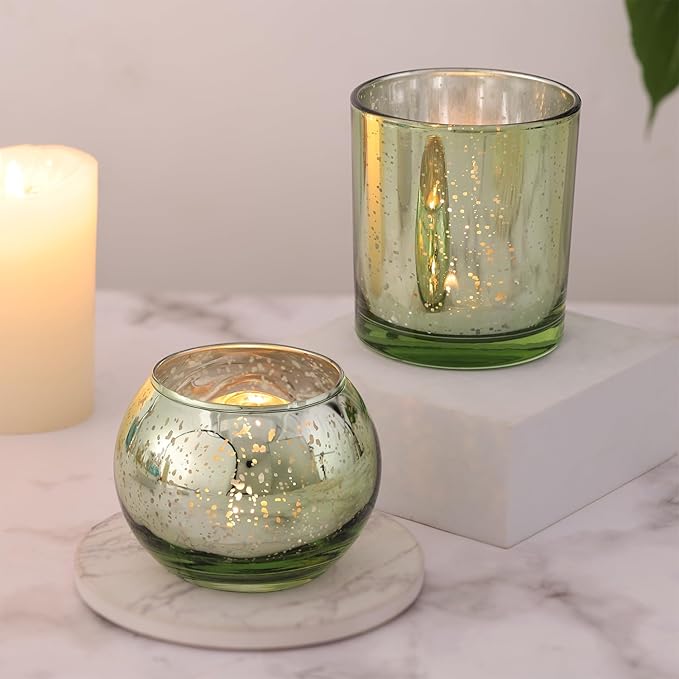 10 Pcs Assorted Green Votive Candle Holders, Larger Size Mercury Glass Candle Holder, Sage Green Tealight Candle Holder for Wedding, Votive Holders for Party Centerpieces for Table