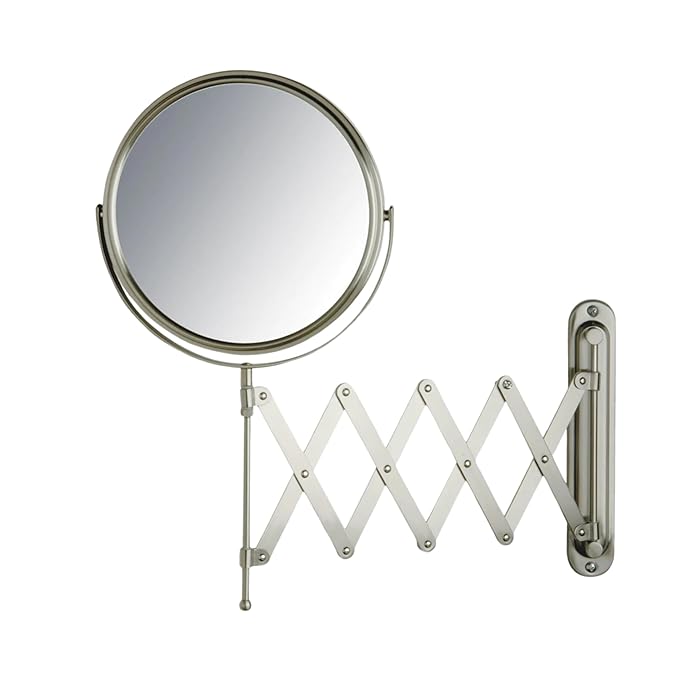 JERDON Two-Sided Wall-Mounted Makeup Mirror - Makeup Mirror with 7X Magnification & Extendable Arm - 8-inch Diameter Mirror with Nickel Finish Wall Mount - Model JP2027N