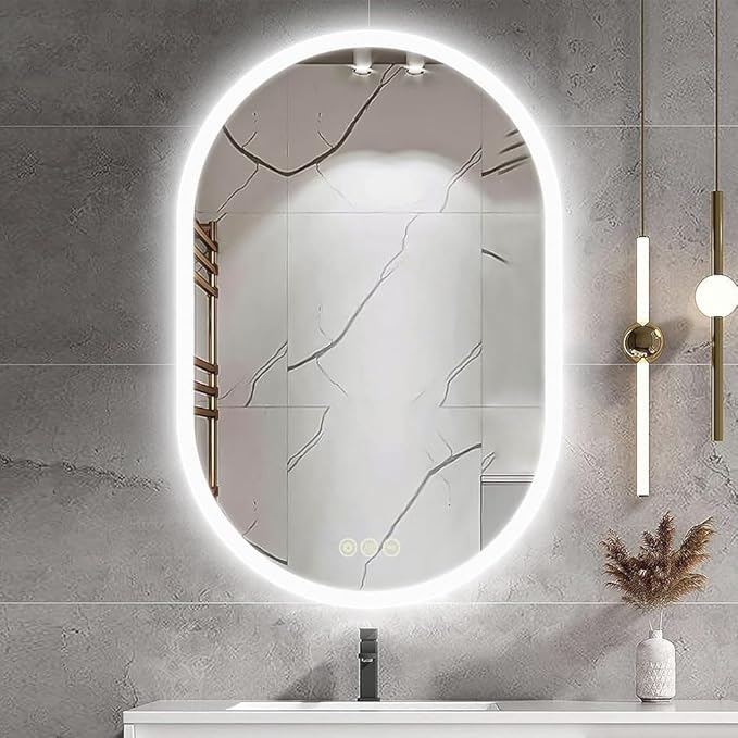 Bathroom LED Oval Mirror, 24 x 36 inches, Wall Mount, 3 Colors, Stepless Dimmable, Anti-Fog, Backlit, Frameless Frosted Edge, Home Mirror