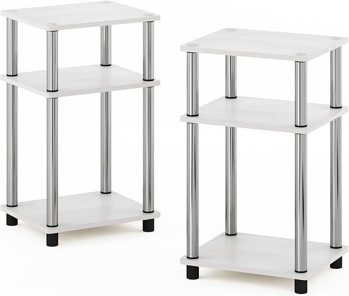 Furinno JUST Side Table Set of 2, 3-Tier End Tables, Open Shelves Night Stand, Nightstand, Toolless Assembly, for Living Room, Bedroom, White Oak/Stainless Steel