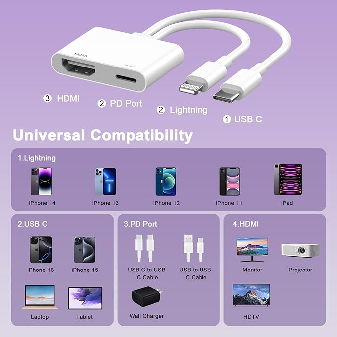 [Apple MFi Certified] Lightning and USB-C to HDMI Adapter for iPhone to TV, 2 in 1 4K@60Hz Lightning Type C Digital AV HDMI Adapter Cord for iPhone 17 16 15 14 13 12 11 XS XR X to TV/Projector/Monitor